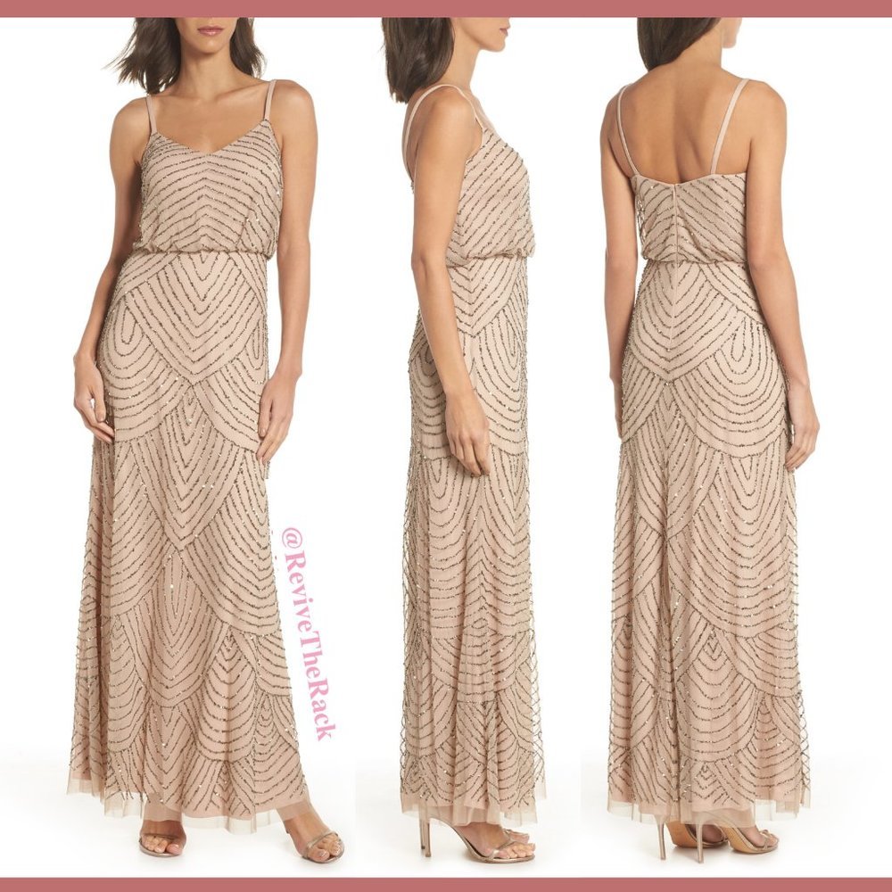 DEFECT Adrianna Papell Art Deco Beaded Blouson Gown‎ in Taupe/Pink [SZ 14 ]